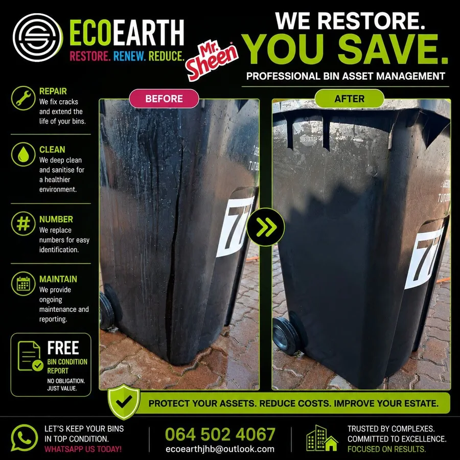 EcoEarth before and after: a repaired and restored black wheelie bin