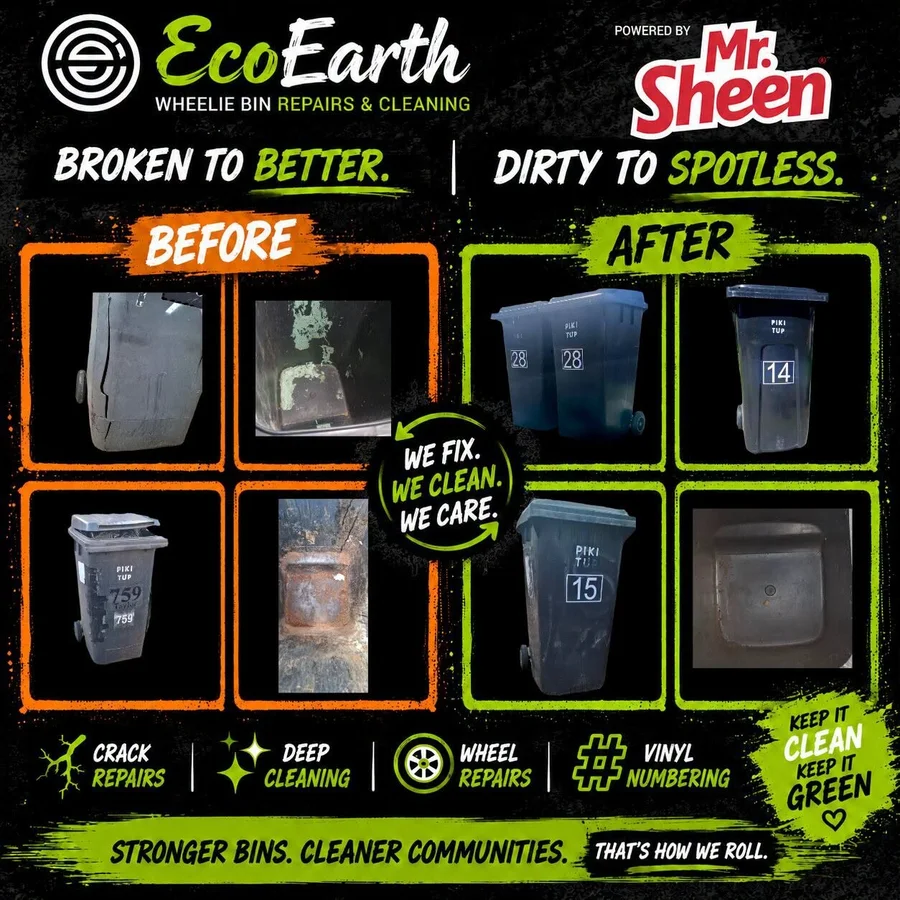 EcoEarth before and after: several broken and dirty wheelie bins restored after service