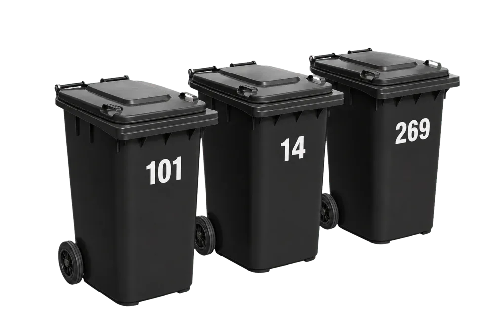 Illustrative fleet of black South African wheelie bins numbered 101, 14 and 269