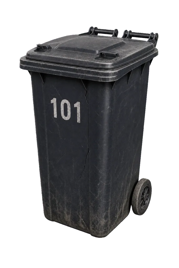 Illustrative black wheelie bin numbered 101 showing repairable damage
